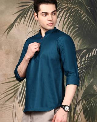 Firozi silk blend embroidered short kurta for men 2