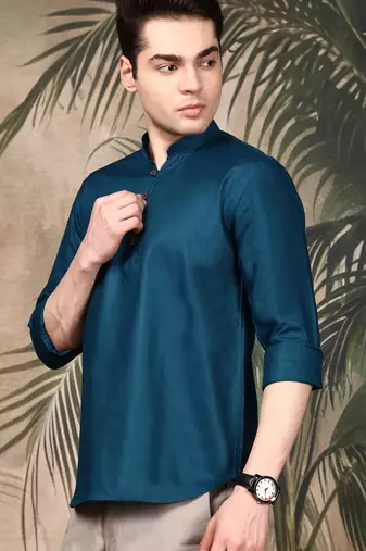 Firozi silk blend embroidered short kurta for men
