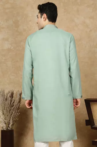 Green cotton embroidered kurta for men