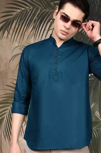 Firozi silk blend embroidered short kurta for men