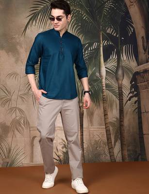 Firozi silk blend embroidered short kurta for men 5