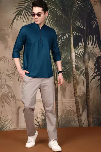 Firozi silk blend embroidered short kurta for men