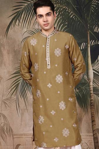 Blue silk blend thread work kurta for men