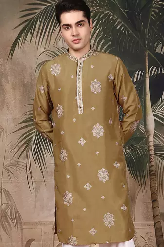 Blue silk blend thread work kurta for men