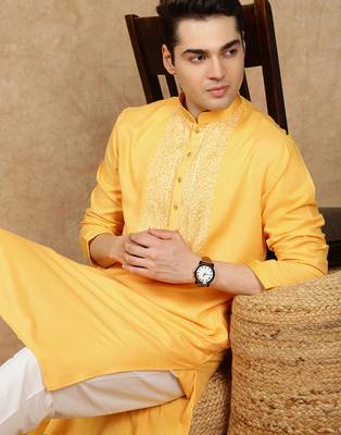 Yellow cotton embroidered kurta for men 1