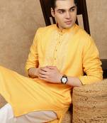 Yellow cotton embroidered kurta for men