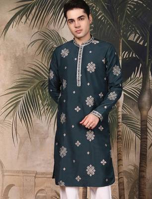 Blue silk blend thread work kurta for men 1