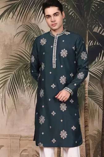 Blue silk blend thread work kurta for men