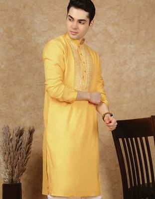 Yellow cotton embroidered kurta for men 2