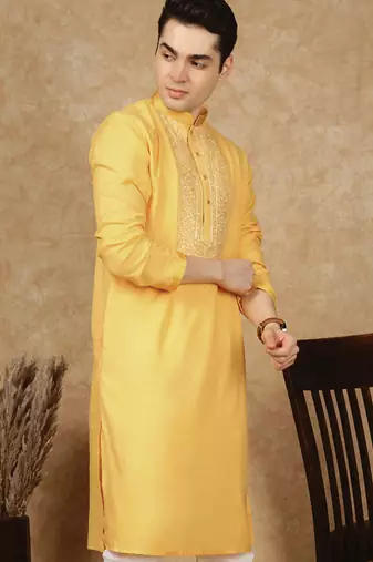 Yellow cotton embroidered kurta for men