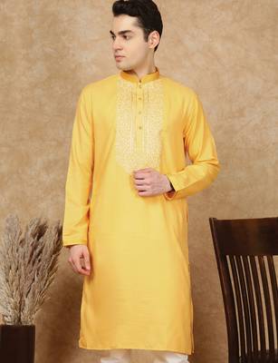 Yellow cotton embroidered kurta for men 3