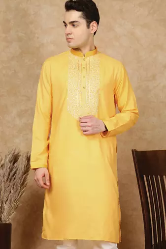 Yellow cotton embroidered kurta for men