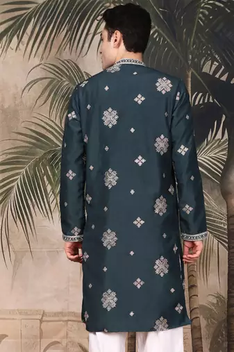 Blue silk blend thread work kurta for men