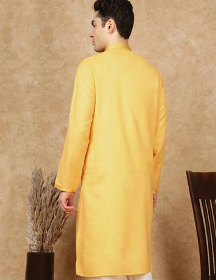 Yellow cotton embroidered kurta for men 4