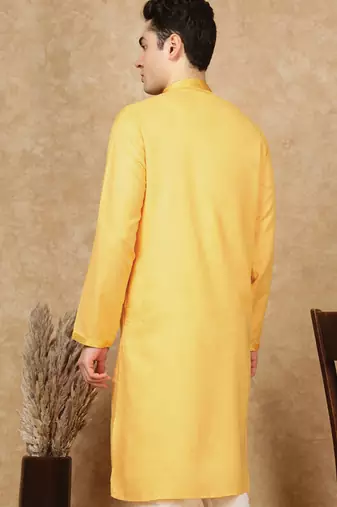 Yellow cotton embroidered kurta for men
