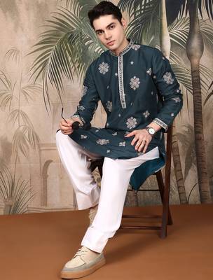 Blue silk blend thread work kurta for men 4