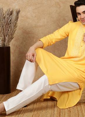 Yellow cotton embroidered kurta for men 5
