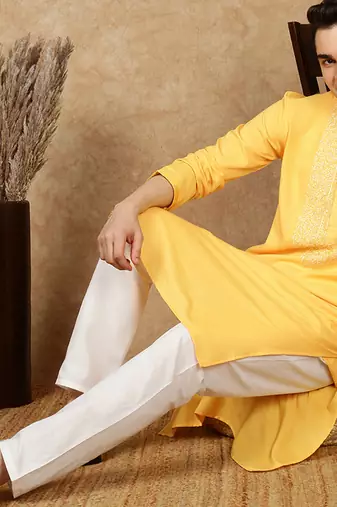Yellow cotton embroidered kurta for men