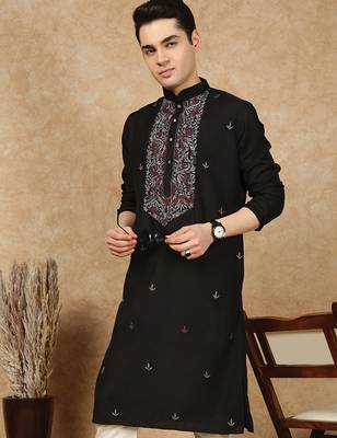 Black cotton embroidered kurta for men 2
