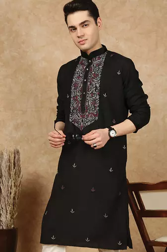Black cotton embroidered kurta for men