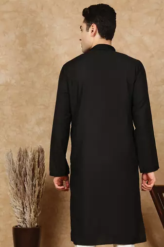 Black cotton embroidered kurta for men