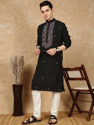 Black cotton embroidered kurta for men 4