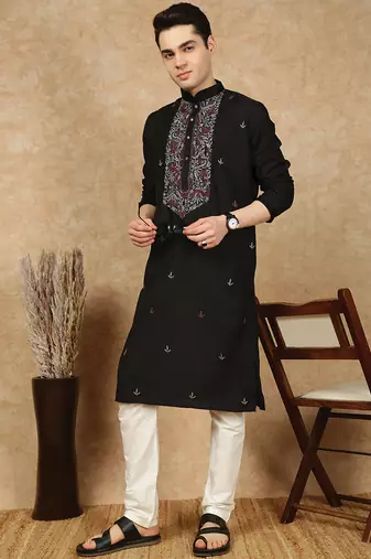 Black cotton embroidered kurta for men