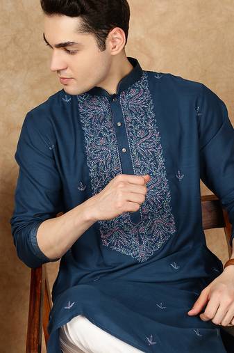 Blue cotton embroidered kurta for men