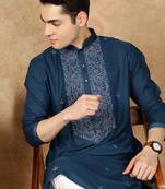Blue cotton embroidered kurta for men