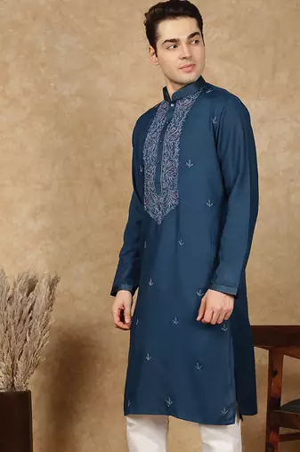 Blue cotton embroidered kurta for men