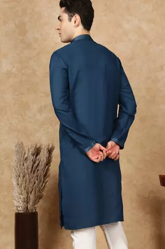 Blue cotton embroidered kurta for men