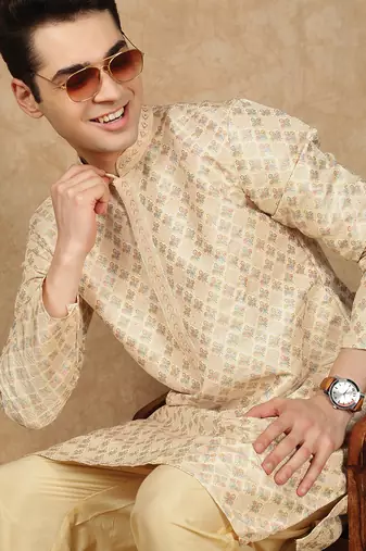 Beige cotton embroidered kurta for men