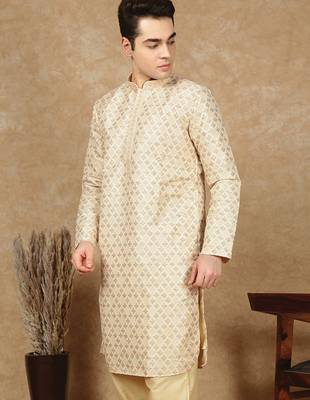 Beige cotton embroidered kurta for men 2