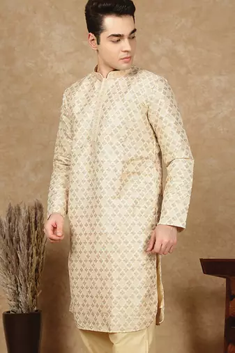 Beige cotton embroidered kurta for men