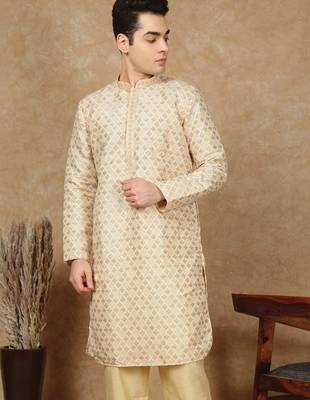 Beige cotton embroidered kurta for men 3
