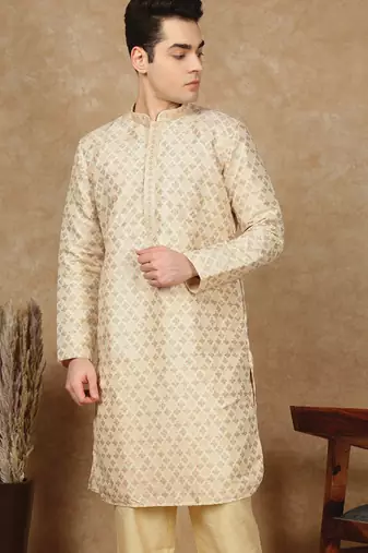Beige cotton embroidered kurta for men
