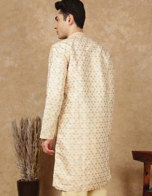 Beige cotton embroidered kurta for men 4