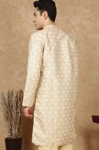 Beige cotton embroidered kurta for men