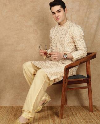 Beige cotton embroidered kurta for men 5