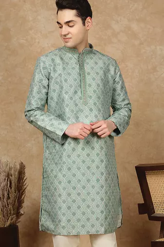 Green cotton embroidered kurta for men