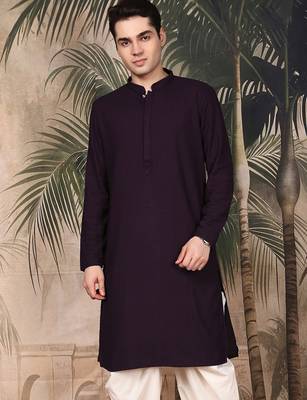 Purple silk blend thread work kurta for men 1