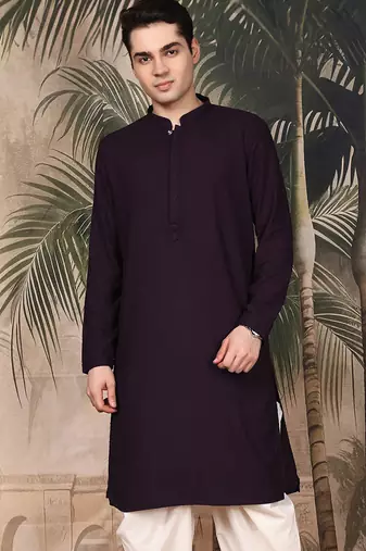 Purple silk blend thread work kurta for men