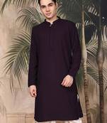Purple silk blend thread work kurta for men