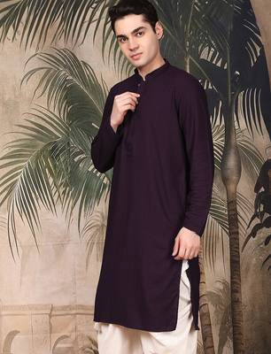 Purple silk blend thread work kurta for men 2