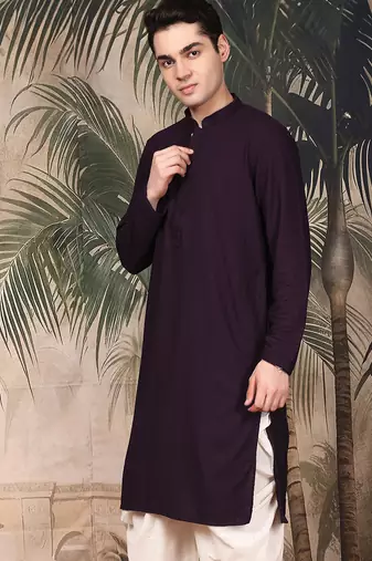Purple silk blend thread work kurta for men