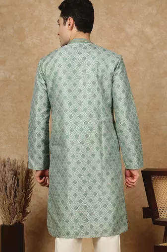 Green cotton embroidered kurta for men