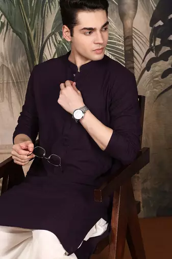 Purple silk blend thread work kurta for men
