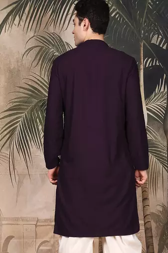 Purple silk blend thread work kurta for men