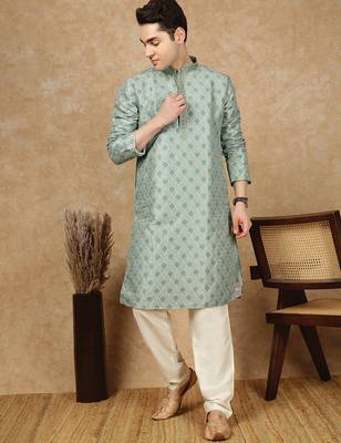 Green cotton embroidered kurta for men 5