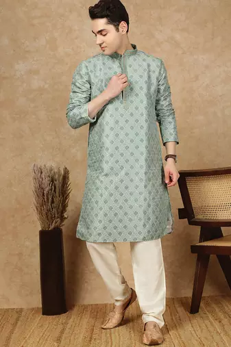 Green cotton embroidered kurta for men